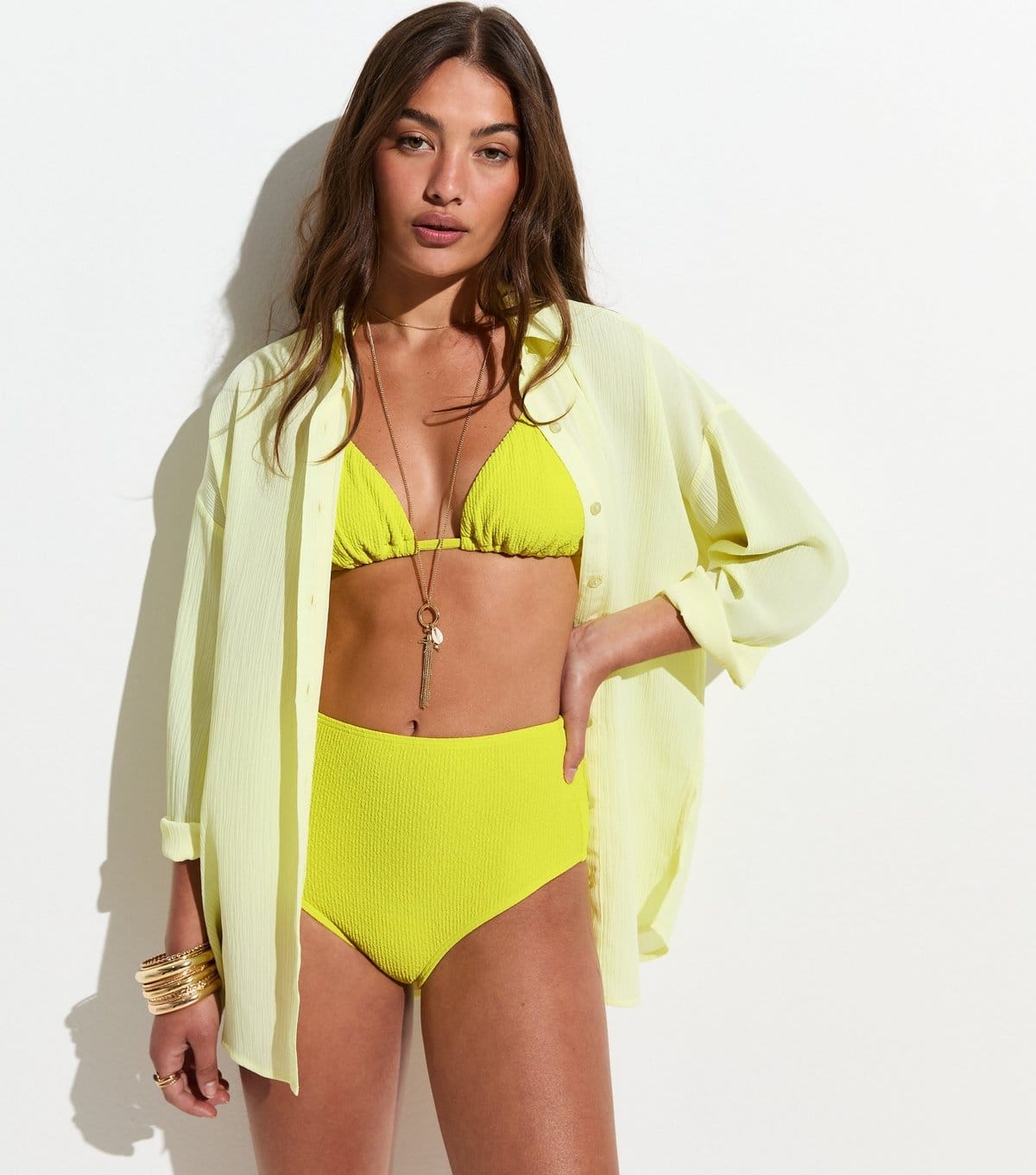 New Look Bright Yellow Crinkled High Waist Bikini Bottoms