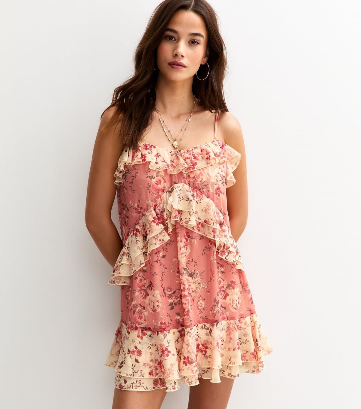 New Look Women's Pink Floral Print Ruffle Trim Chiffon Mini Dress New Look