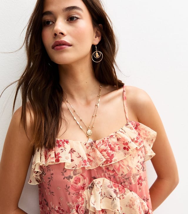 New Look Women's Pink Floral Print Ruffle Trim Chiffon Mini Dress New Look - 2