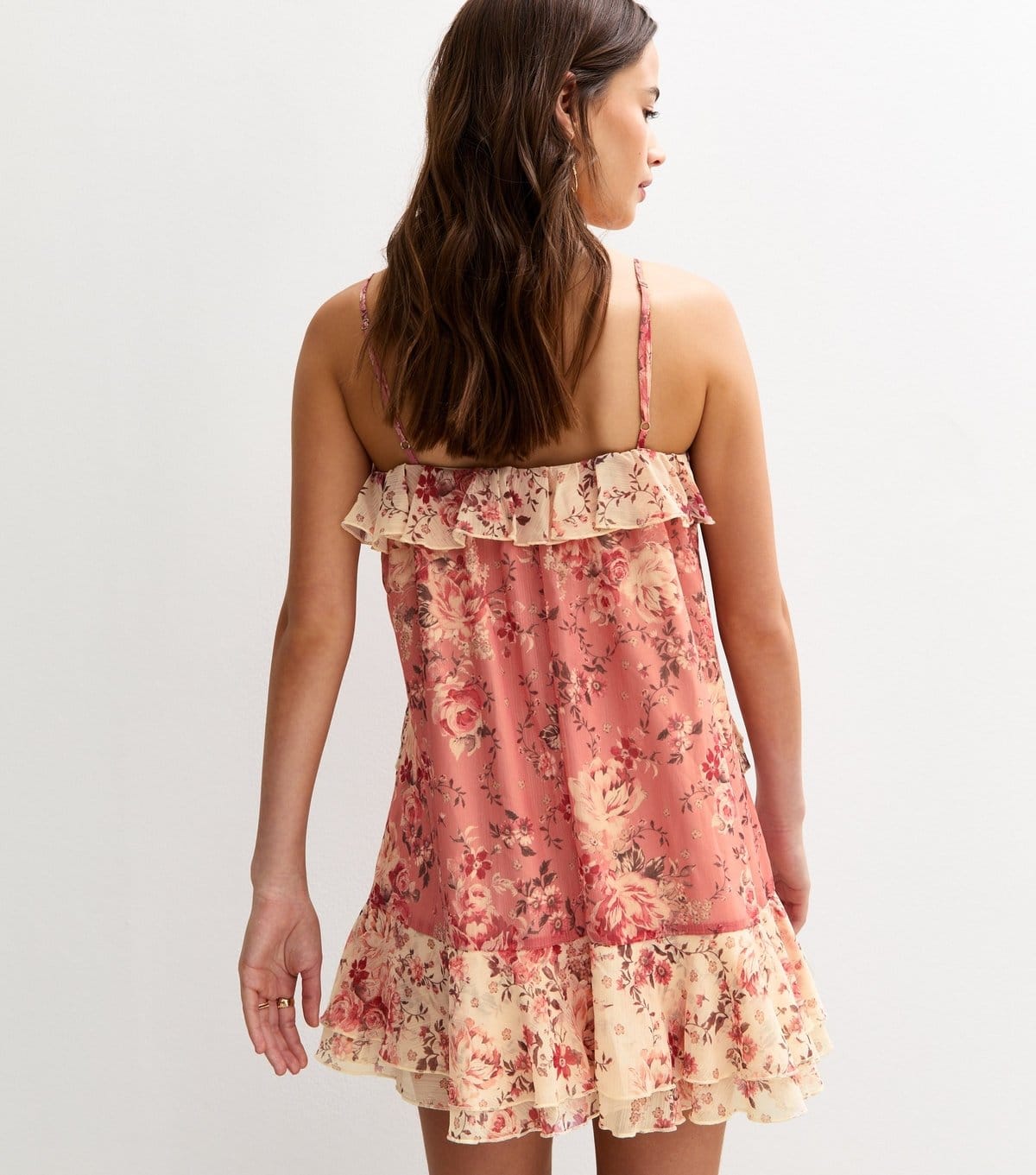 New Look Women's Pink Floral Print Ruffle Trim Chiffon Mini Dress New Look - 4
