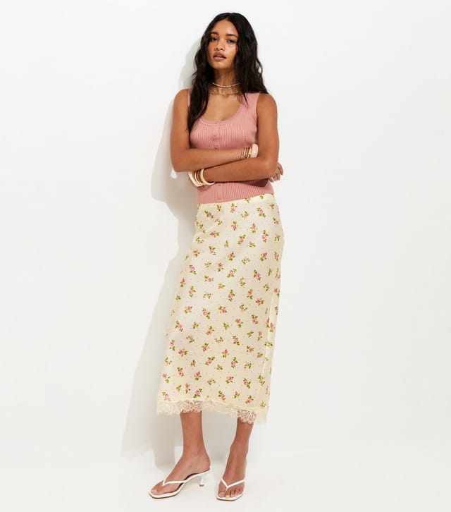 New Look Women's Cream Floral Print Lace Trim Midi Skirt New Look - 2