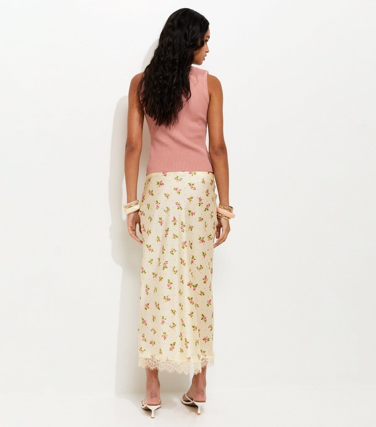 New Look Women's Cream Floral Print Lace Trim Midi Skirt New Look - 4