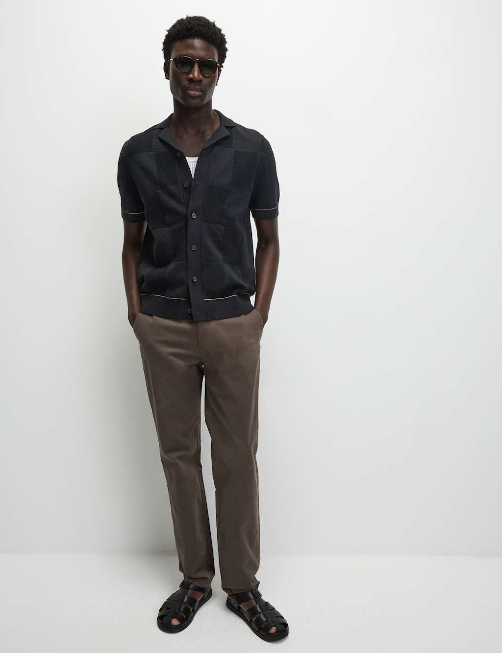 Marks & Spencer M&S Button-Through Patchwork Knitted Polo Shirt Black - 2