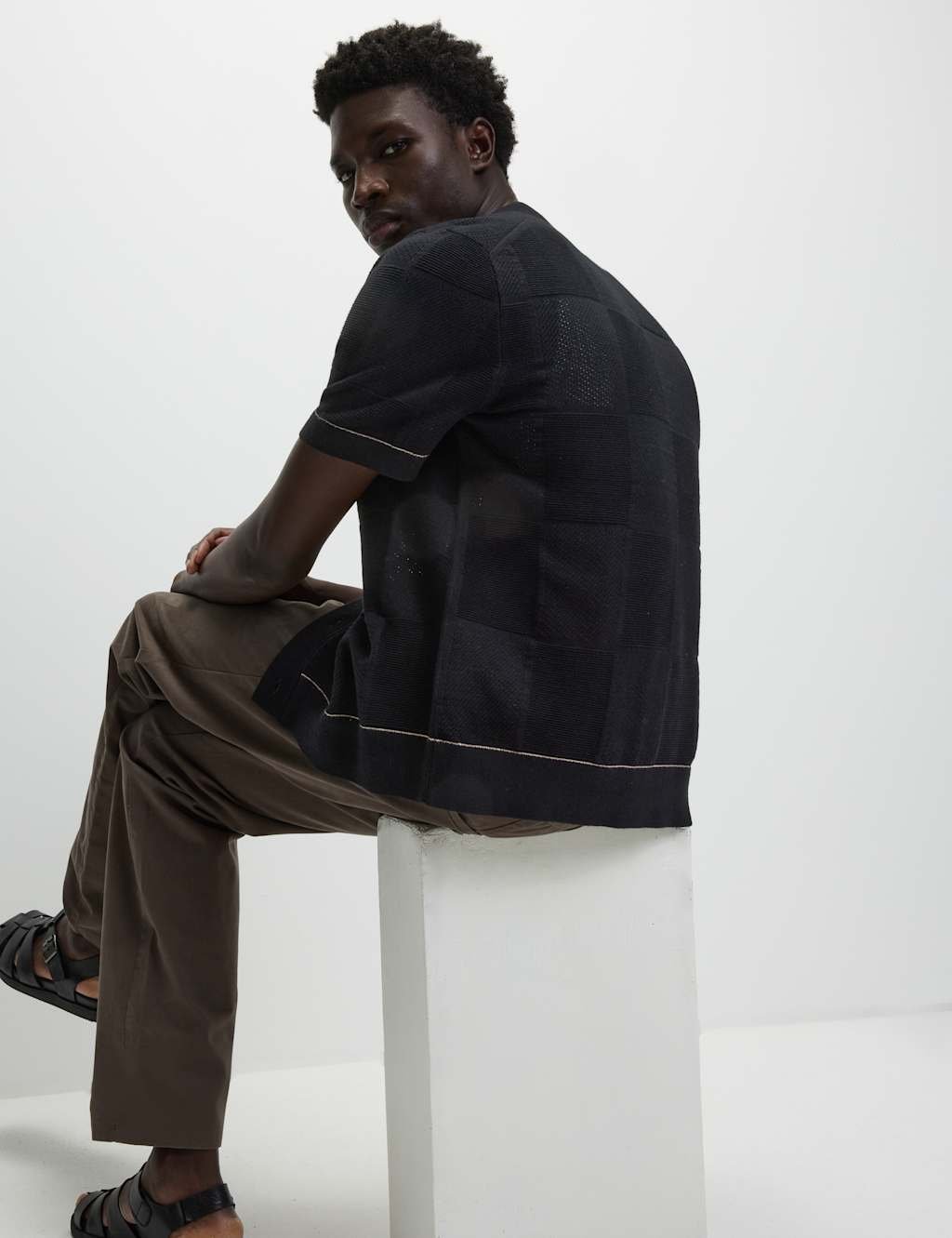 Marks & Spencer M&S Button-Through Patchwork Knitted Polo Shirt Black - 4