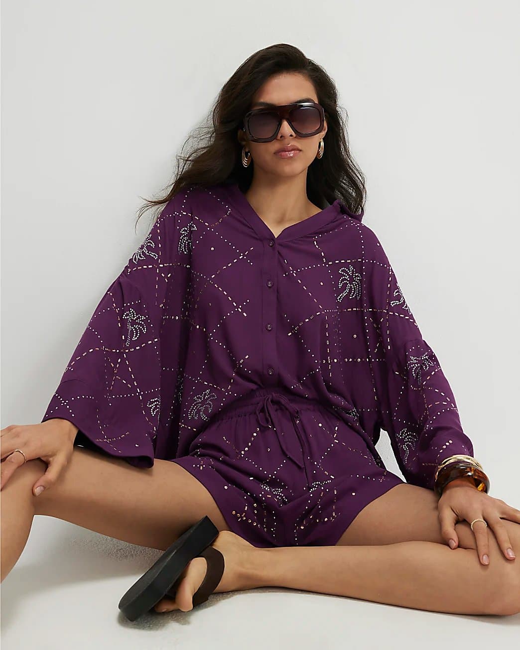 River Island River Island Womens Purple Palm Embellished Shirt