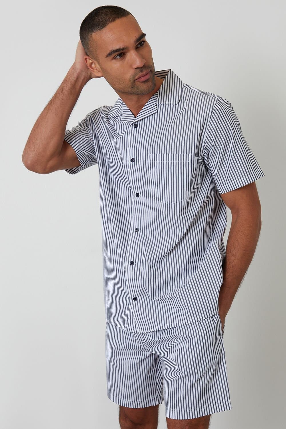 Threadbare Threadbare Men's Cotton Stripe Short Sleeve Shirt & Shorts Pyjama Set in Blue