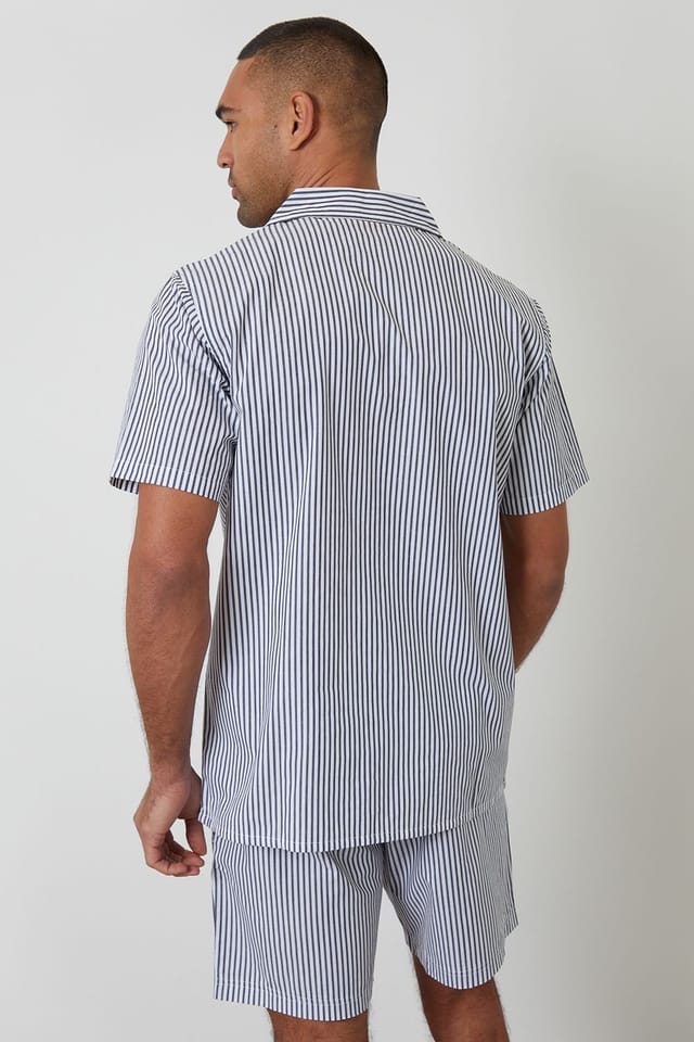 Threadbare Threadbare Men's Cotton Stripe Short Sleeve Shirt & Shorts Pyjama Set in Blue - 2