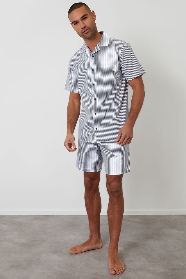 Threadbare Threadbare Men's Cotton Stripe Short Sleeve Shirt & Shorts Pyjama Set in Blue - 3
