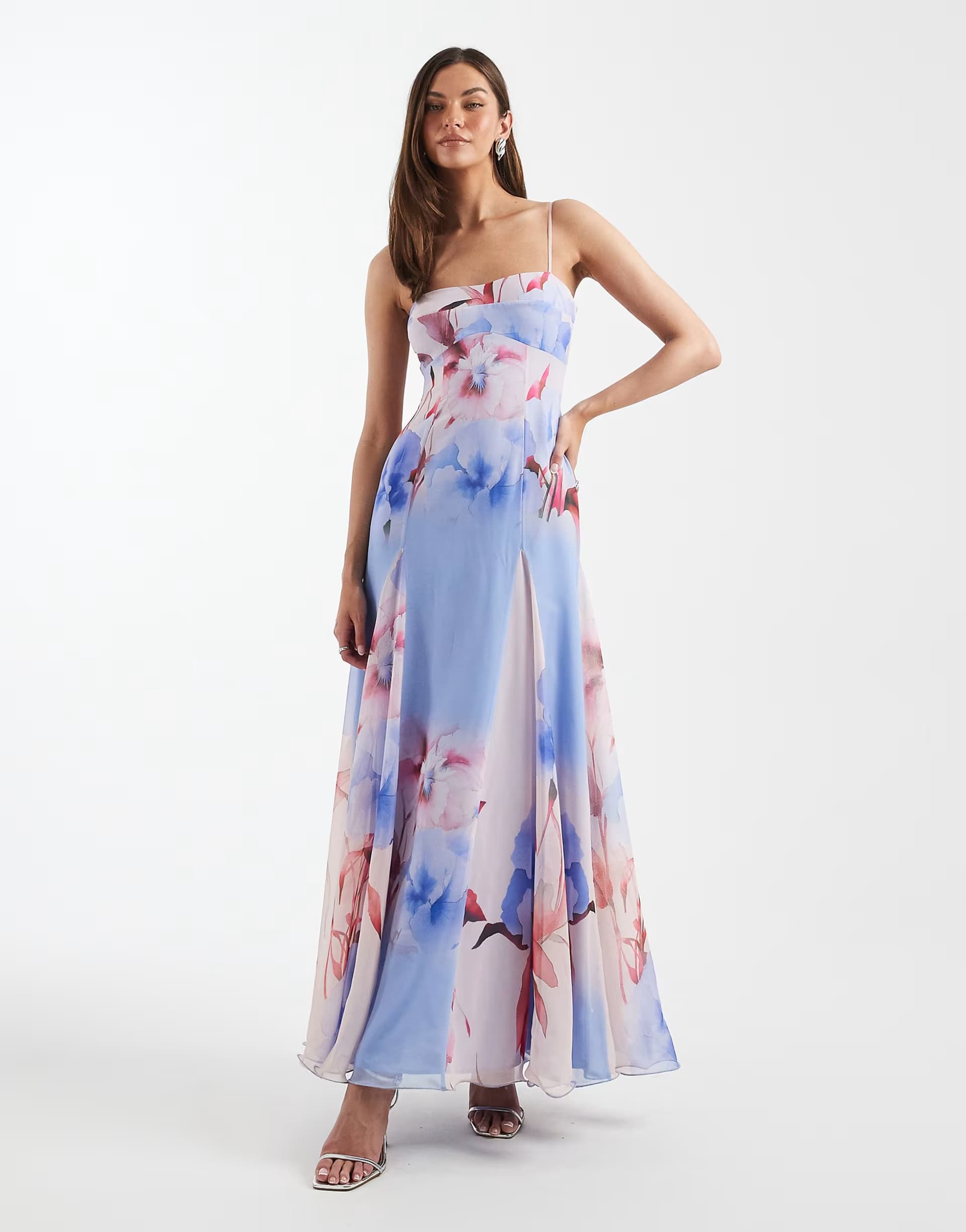 ASOS ASOS DESIGN Tall chiffon strappy maxi dress with deep godets in red and purple floral