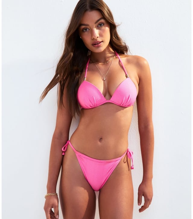 New Look Women's Bright Pink Wave Textured Beaded Halterneck Bikini Top New Look - 2