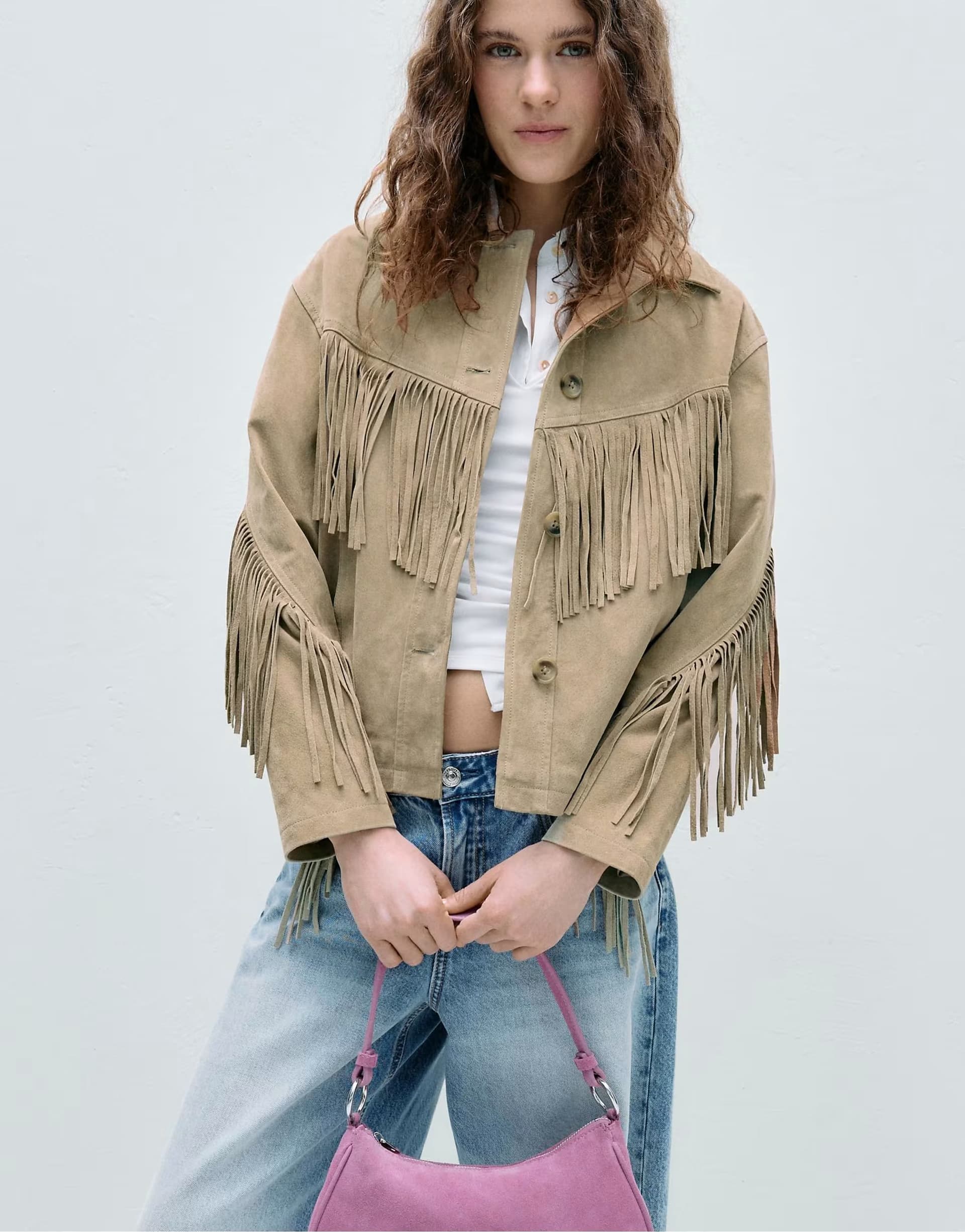 ASOS Stradivarius Fringed leather jacket in stone
