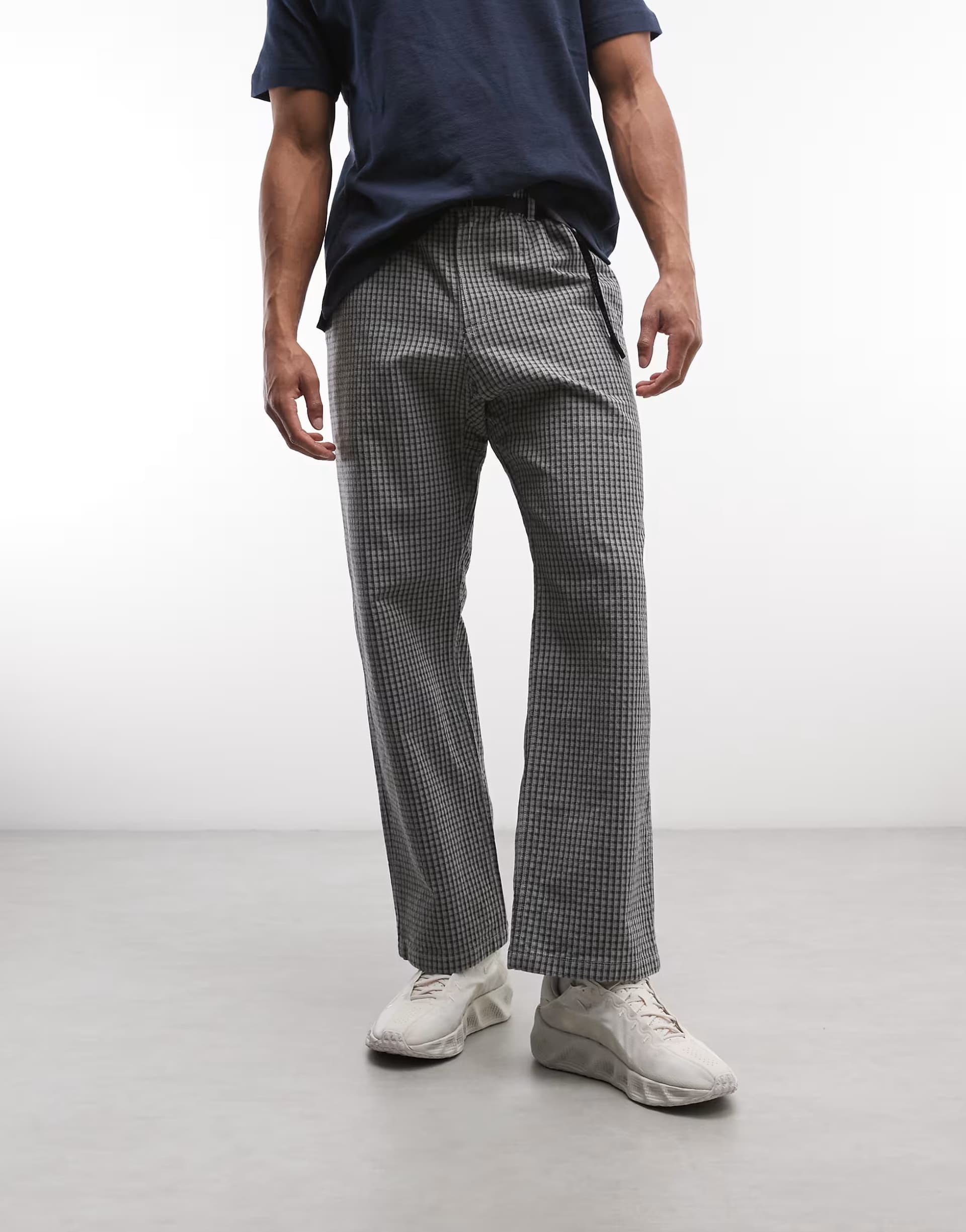 ASOS Gramicci dobby plaid straight leg trousers in stone