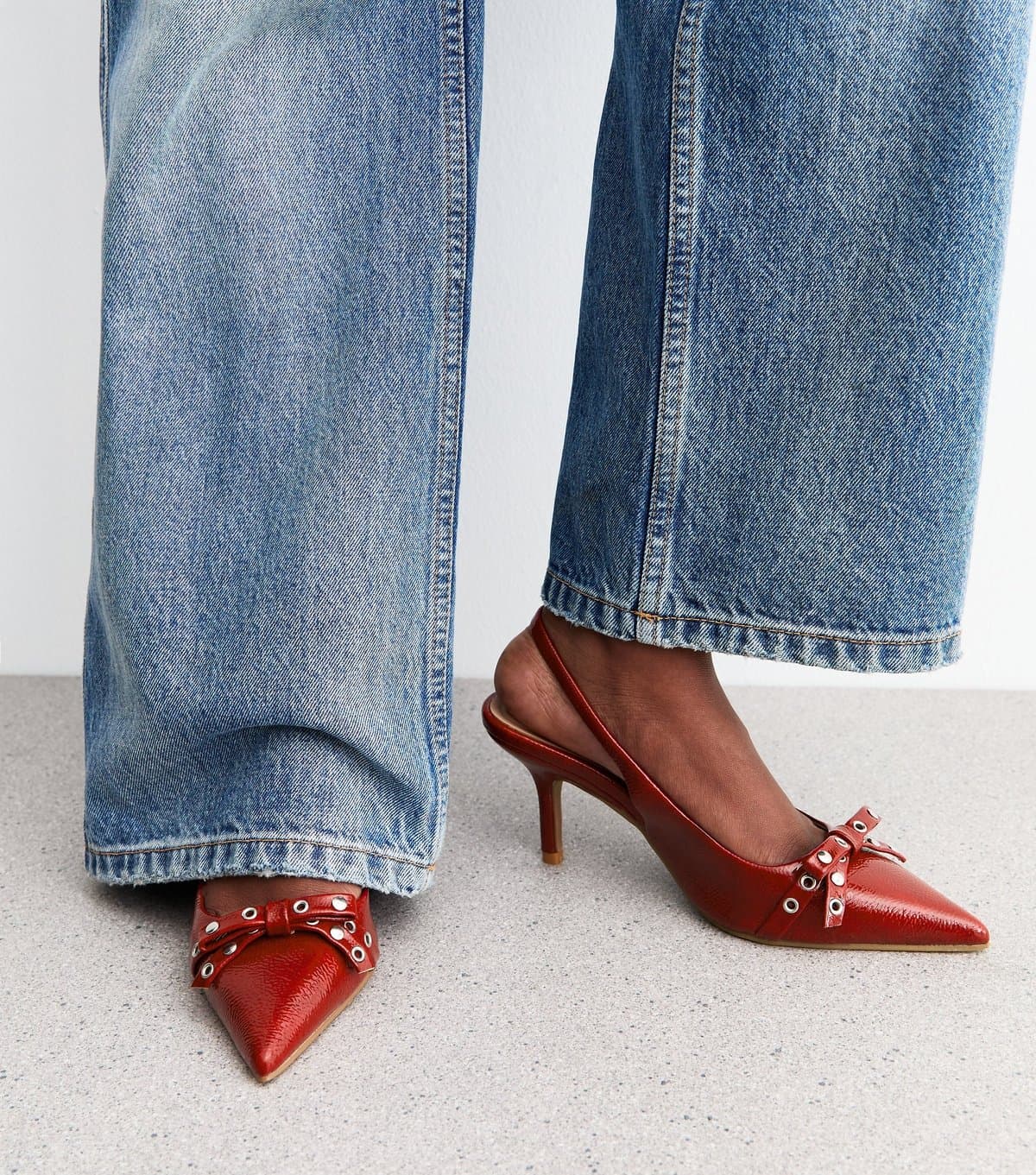 New Look Women's Bright Red Studded Bow Detail Slingback Court shoes Vegan New Look