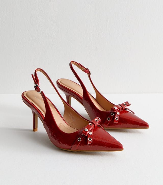 New Look Women's Bright Red Studded Bow Detail Slingback Court shoes Vegan New Look - 2