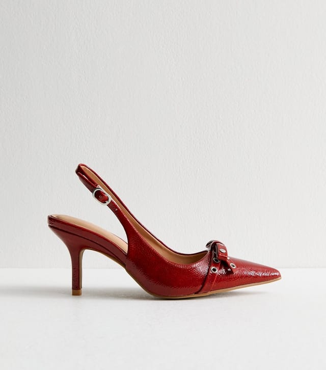 New Look Women's Bright Red Studded Bow Detail Slingback Court shoes Vegan New Look - 3