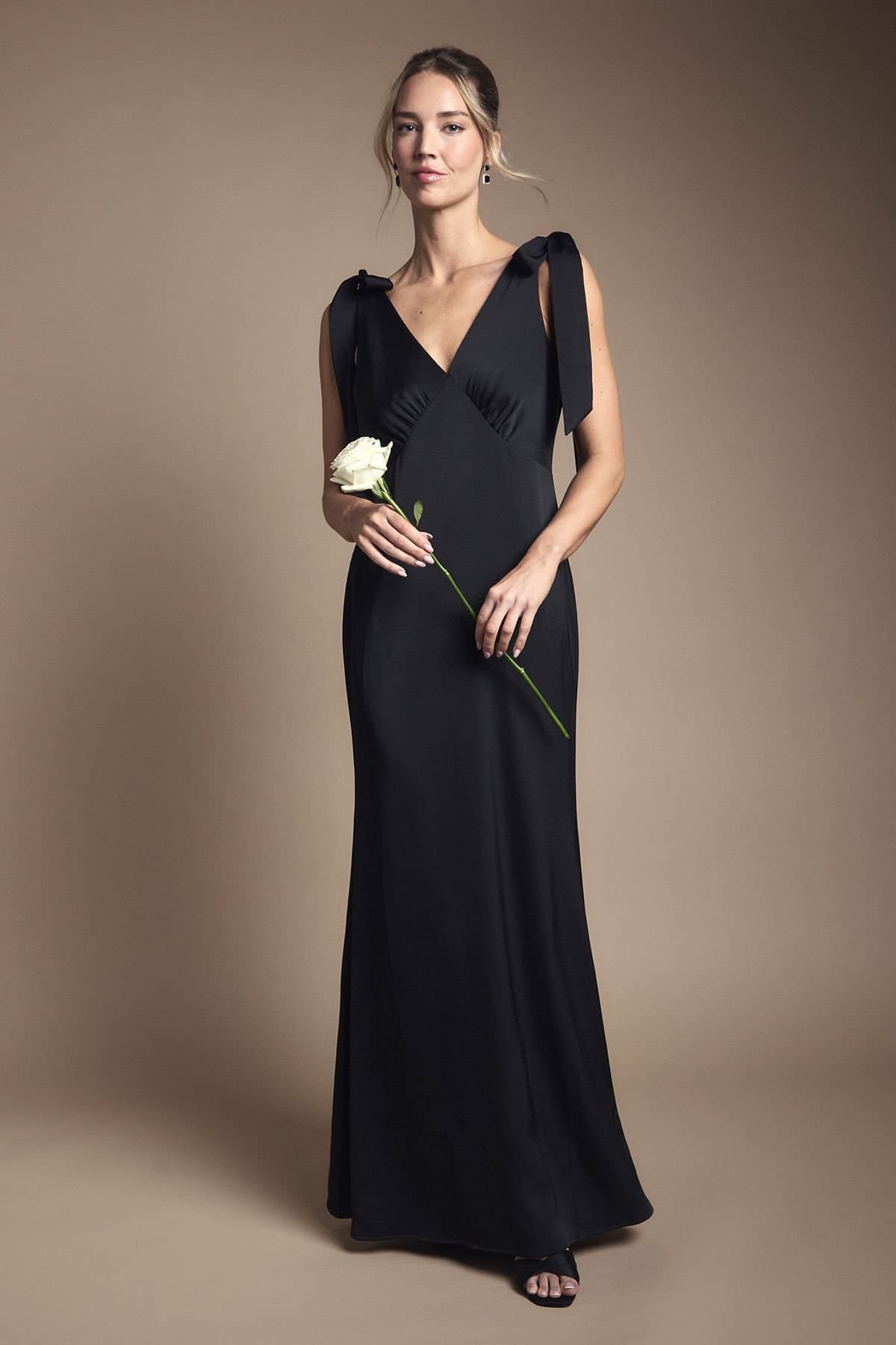 Coast Coast Women's Honoured Satin Back Crepe V Neck Tie Shoulder Maxi Bridesmaid Dress in Black