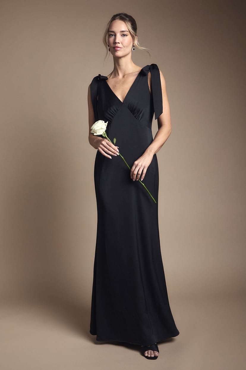 Coast Coast Women's Honoured Satin Back Crepe V Neck Tie Shoulder Maxi Bridesmaid Dress in Black - 1