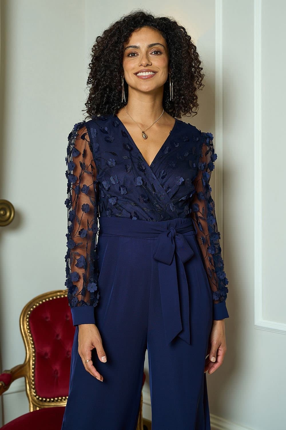 Yumi Yumi Women's Navy Flower Applique Jumpsuit