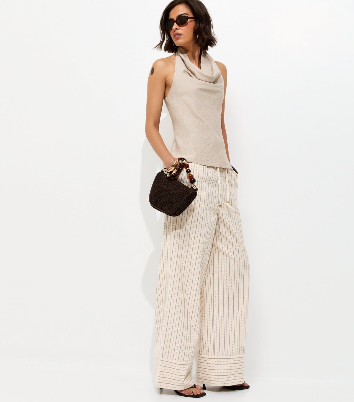 New Look New Look Cream Cotton Rich Striped Wide Leg Trousers