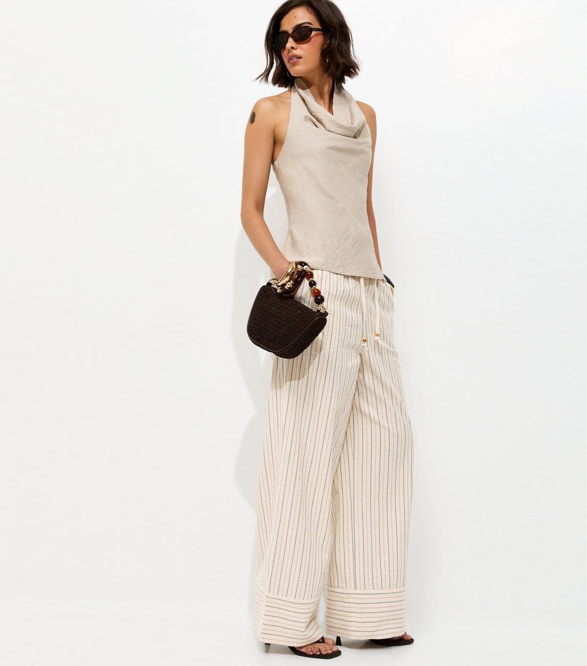 New Look Cream Cotton Rich Striped Wide Leg Trousers