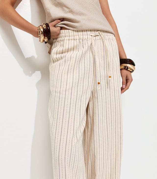 New Look Women's Cream Cotton Rich Striped Wide Leg Trousers New Look - 2