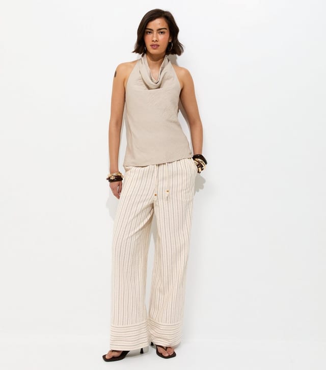 New Look Women's Cream Cotton Rich Striped Wide Leg Trousers New Look - 3
