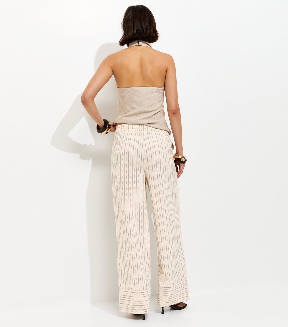 New Look Women's Cream Cotton Rich Striped Wide Leg Trousers New Look - 4