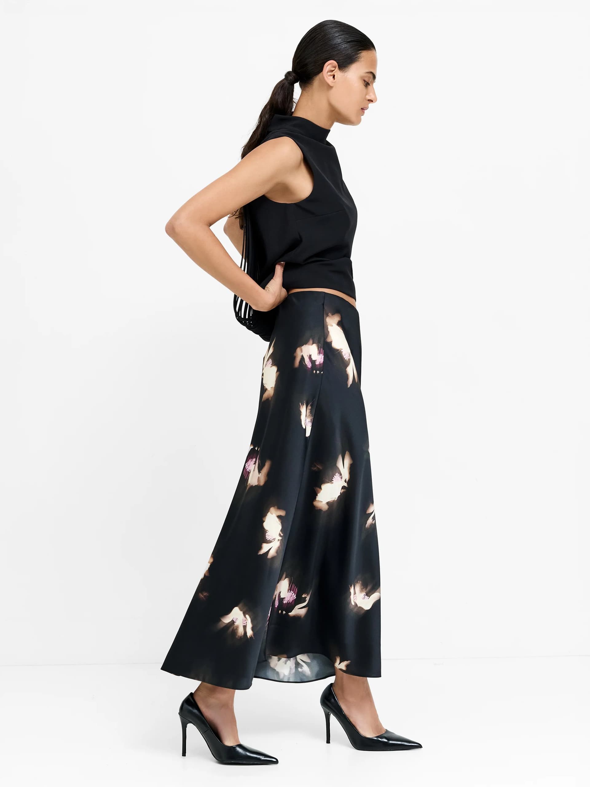French Connection Paloma Black Floral Satin Midi Skirt Black Multi