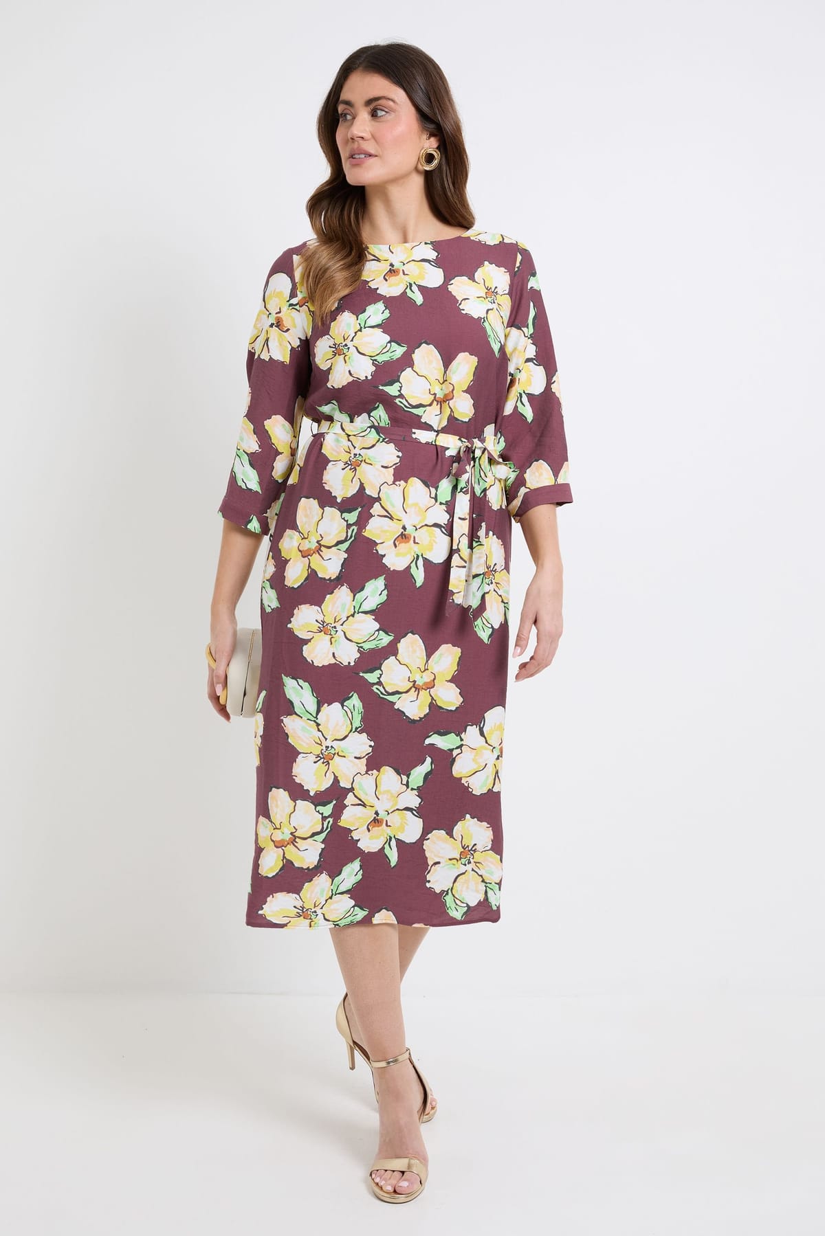 Wallis Wallis Women's Floral Belted Midi Dress in Chocolate - 1