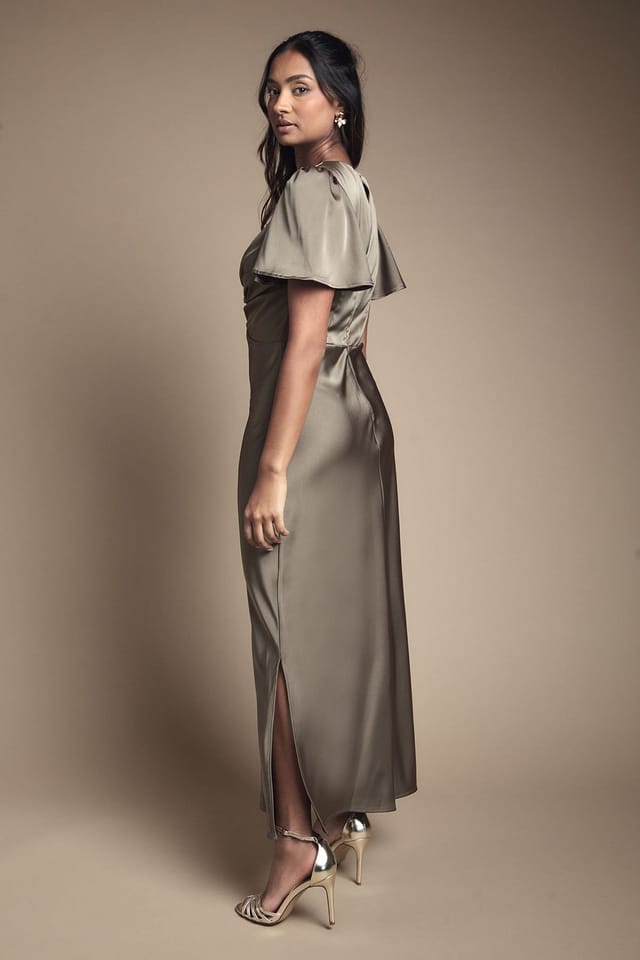 Oasis Oasis Women's Olive Satin Twist Front Angel Sleeve Midi Bridesmaid Dress - 3