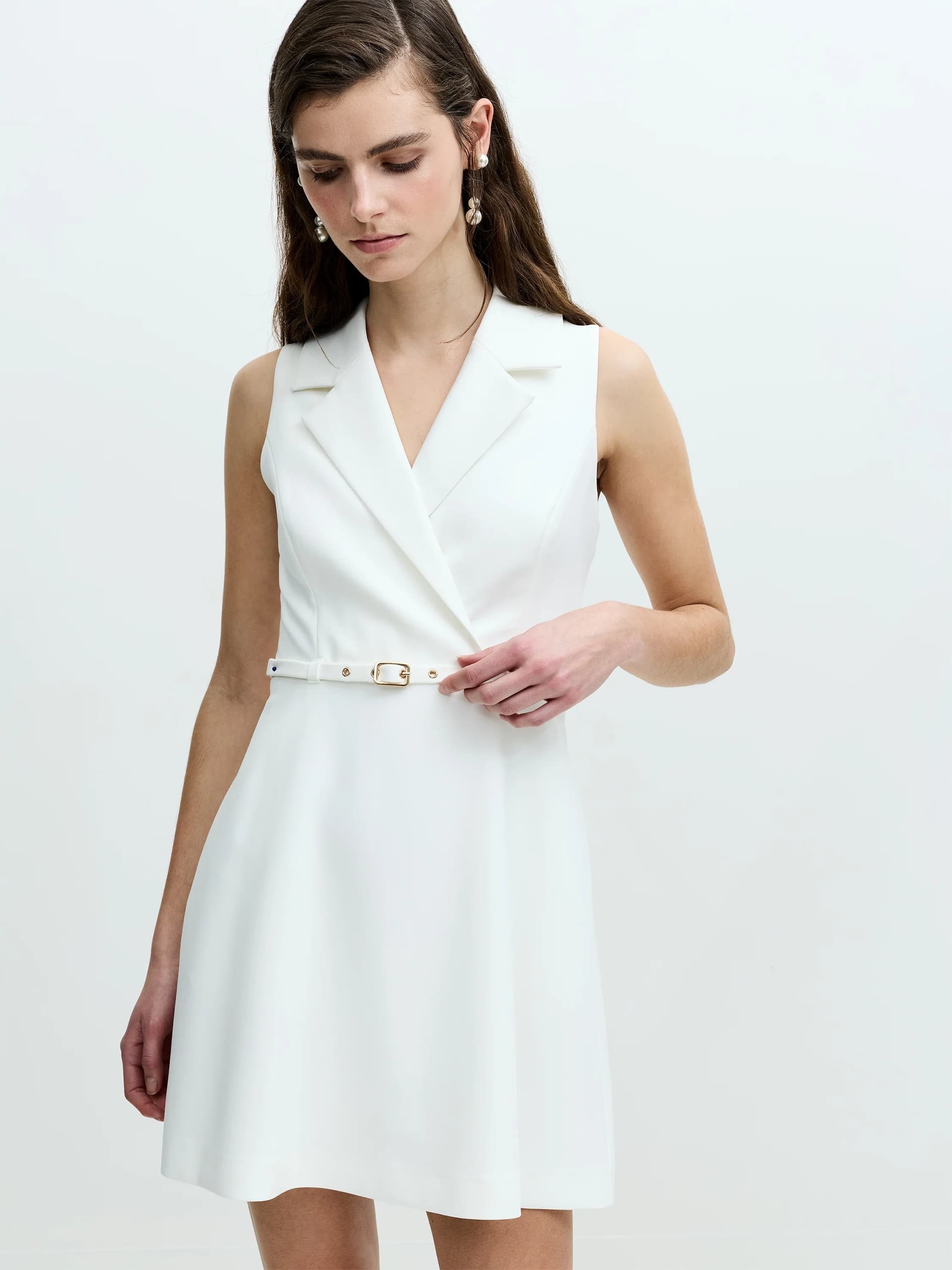 French Connection Azra Twill Belted Sleeveless Mini Dress Summer White