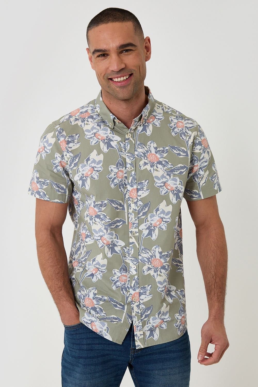 Threadbare Threadbare Men's Cotton Floral Print Short Sleeve Shirt in Pale Green