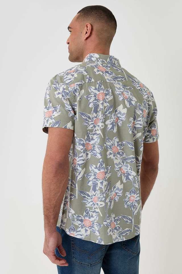 Threadbare Threadbare Men's Cotton Floral Print Short Sleeve Shirt in Pale Green - 2
