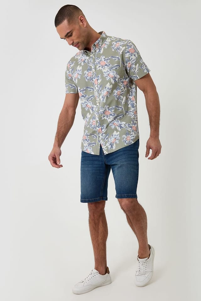 Threadbare Threadbare Men's Cotton Floral Print Short Sleeve Shirt in Pale Green - 3