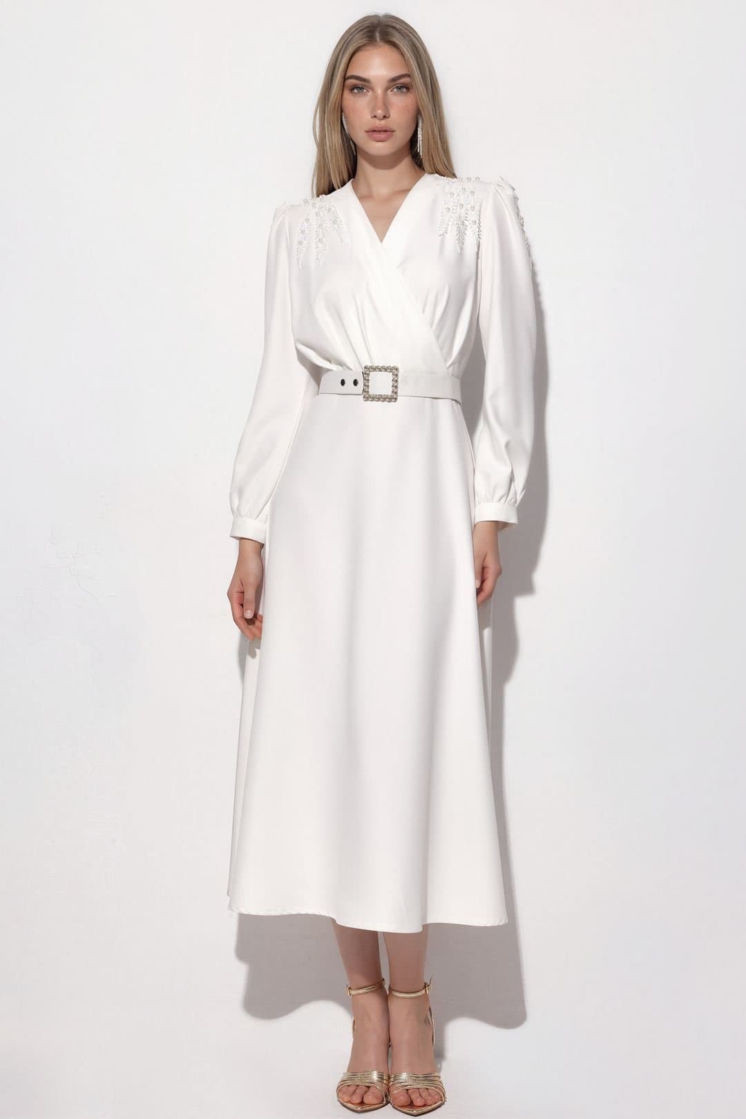 MSN Collection MSN Collection Women's Belted A-line Midi Dress in Off-White
