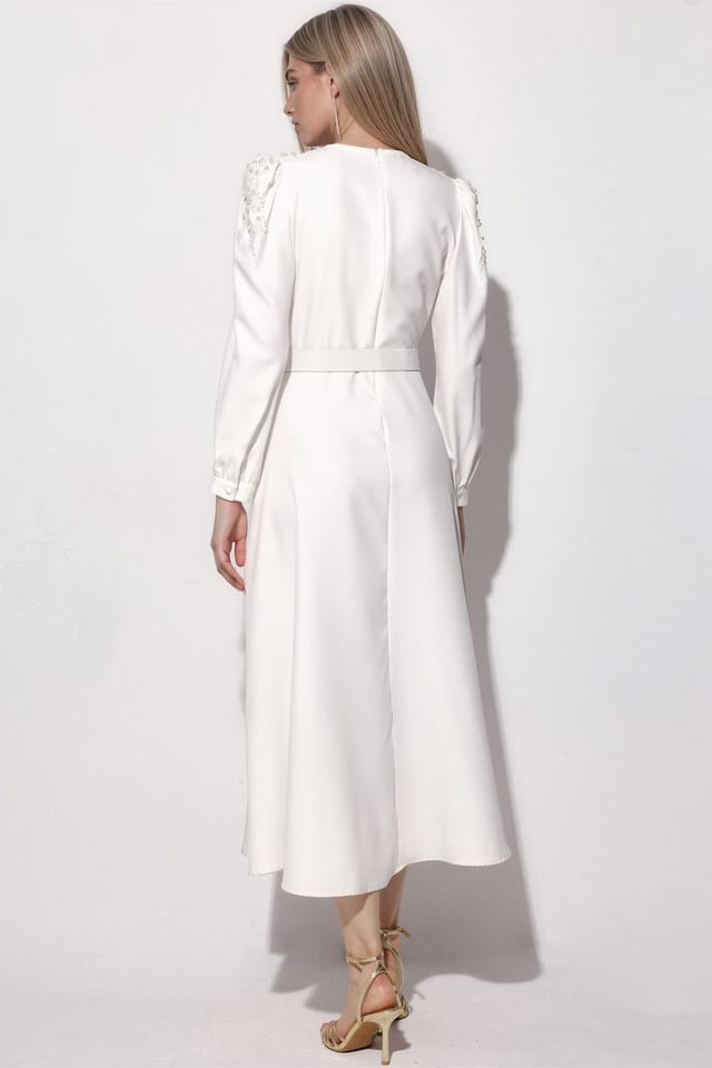 MSN Collection MSN Collection Women's Belted A-line Midi Dress in Off-White - 3