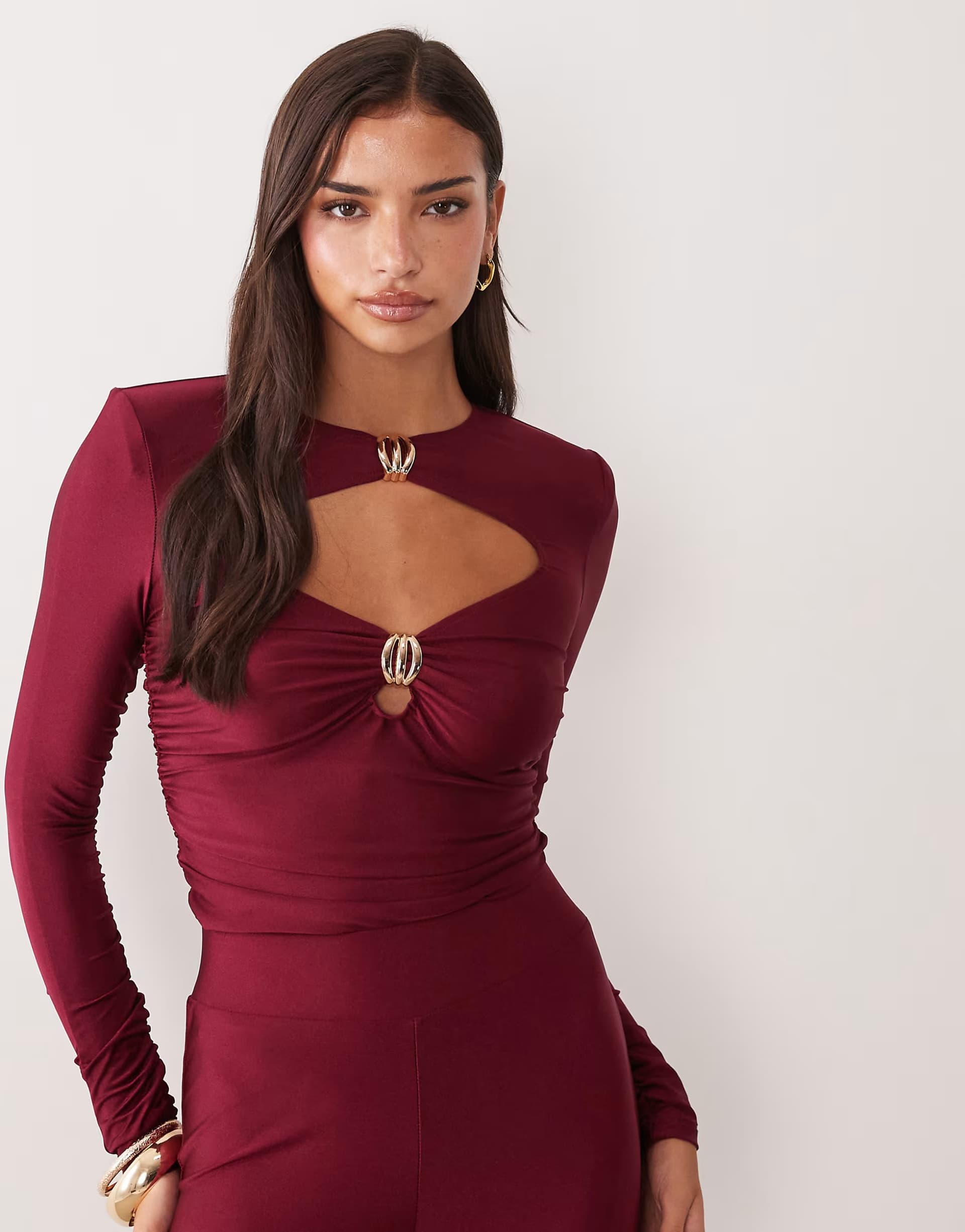 ASOS Ruched & Ready sculpted high shine gold hardware detail bodysuit co-ord in burgundy