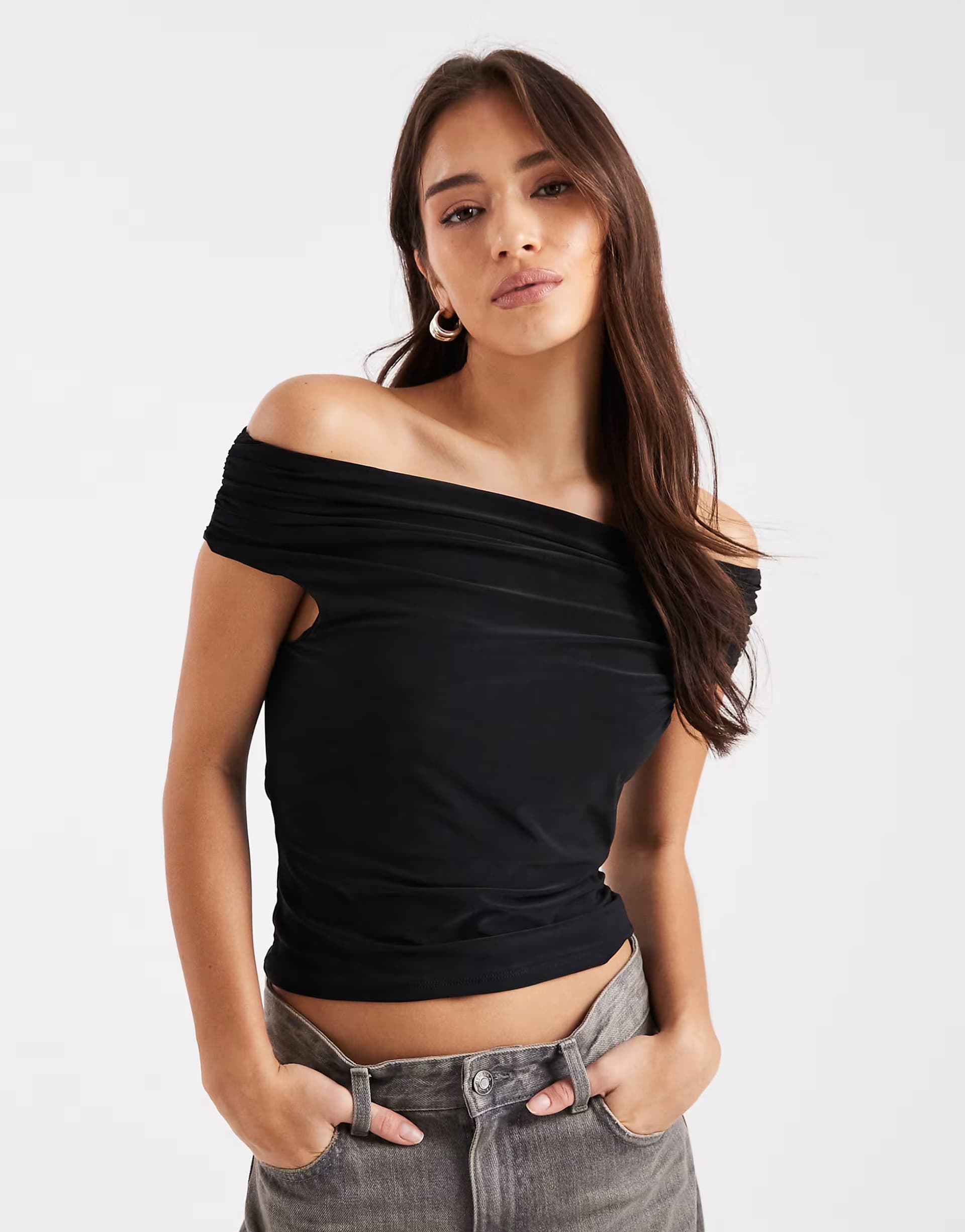 ASOS ASOS DESIGN slinky ruched bardot top in black