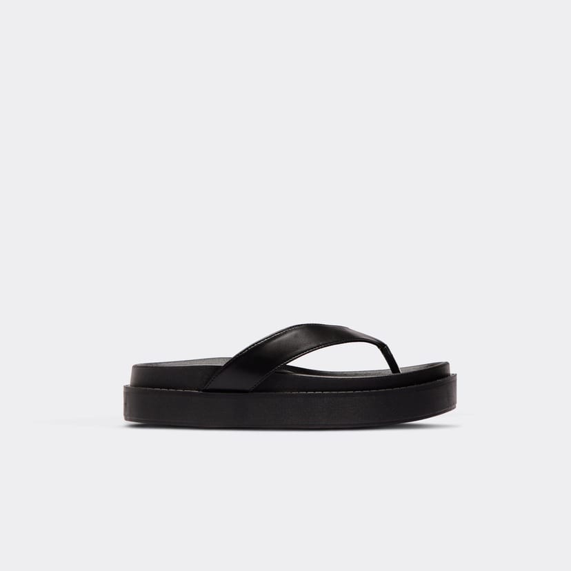 EGO Gully Thong Strap Platform Sole Slider In Black Faux Leather, Women's Size UK 3 - 1