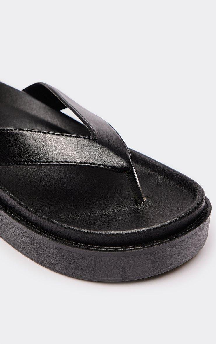 EGO Gully Thong Strap Platform Sole Slider In Black Faux Leather, Women's Size UK 3 - 2