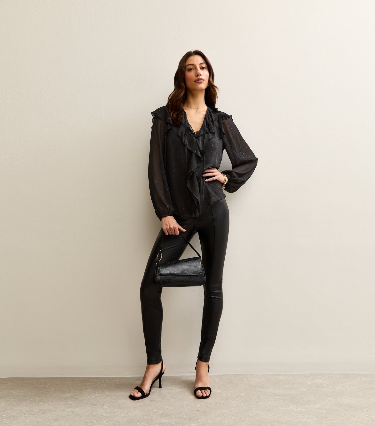 New Look Women's Tall Black Metallic Spot Frill Sheer Blouse New Look - 3