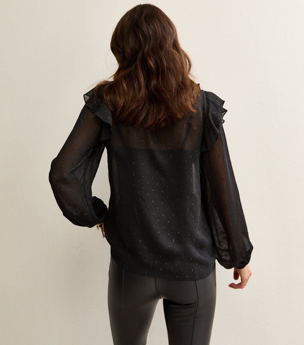 New Look Women's Tall Black Metallic Spot Frill Sheer Blouse New Look - 4