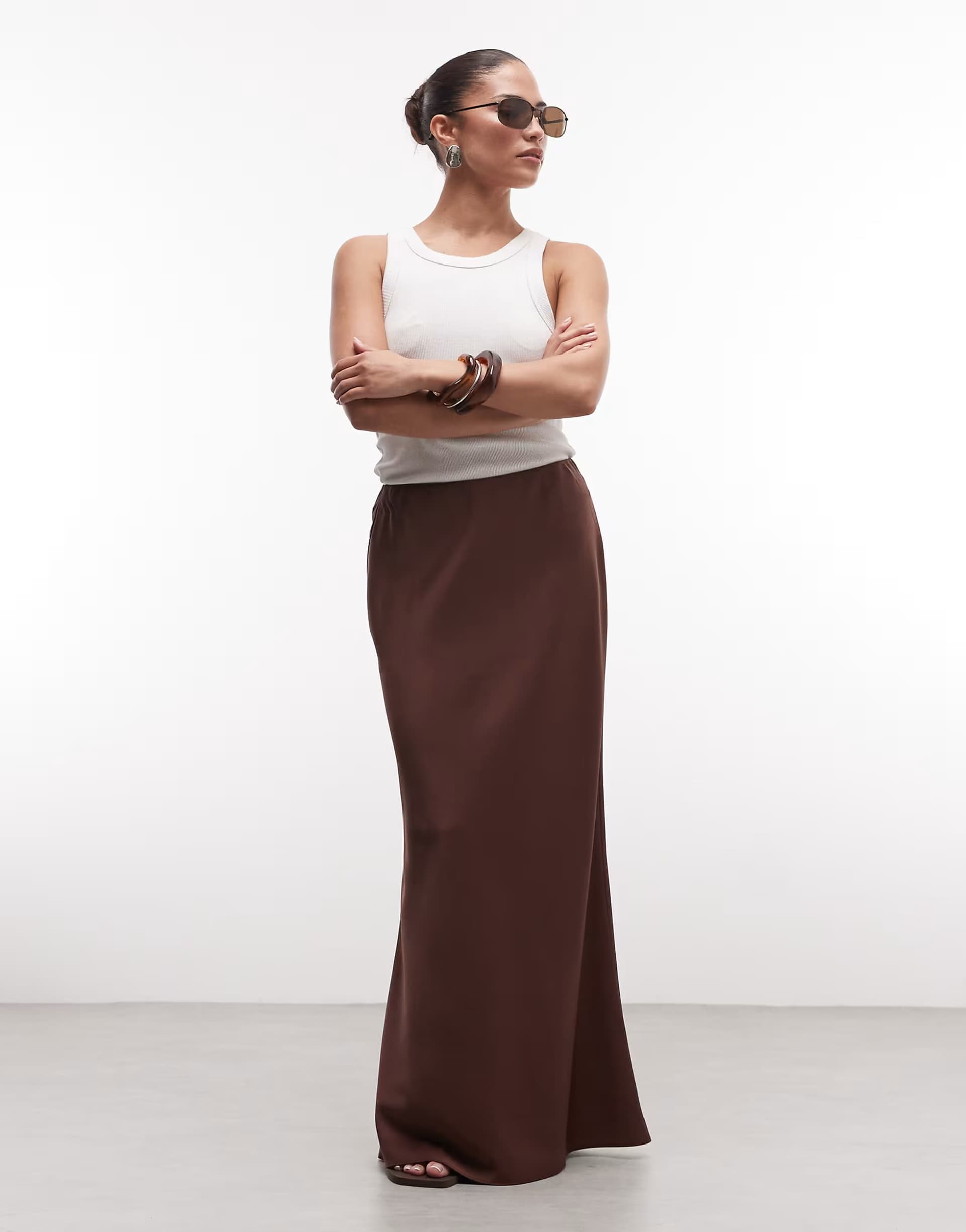 ASOS ASOS DESIGN Petite satin bias midi skirt in dark brown