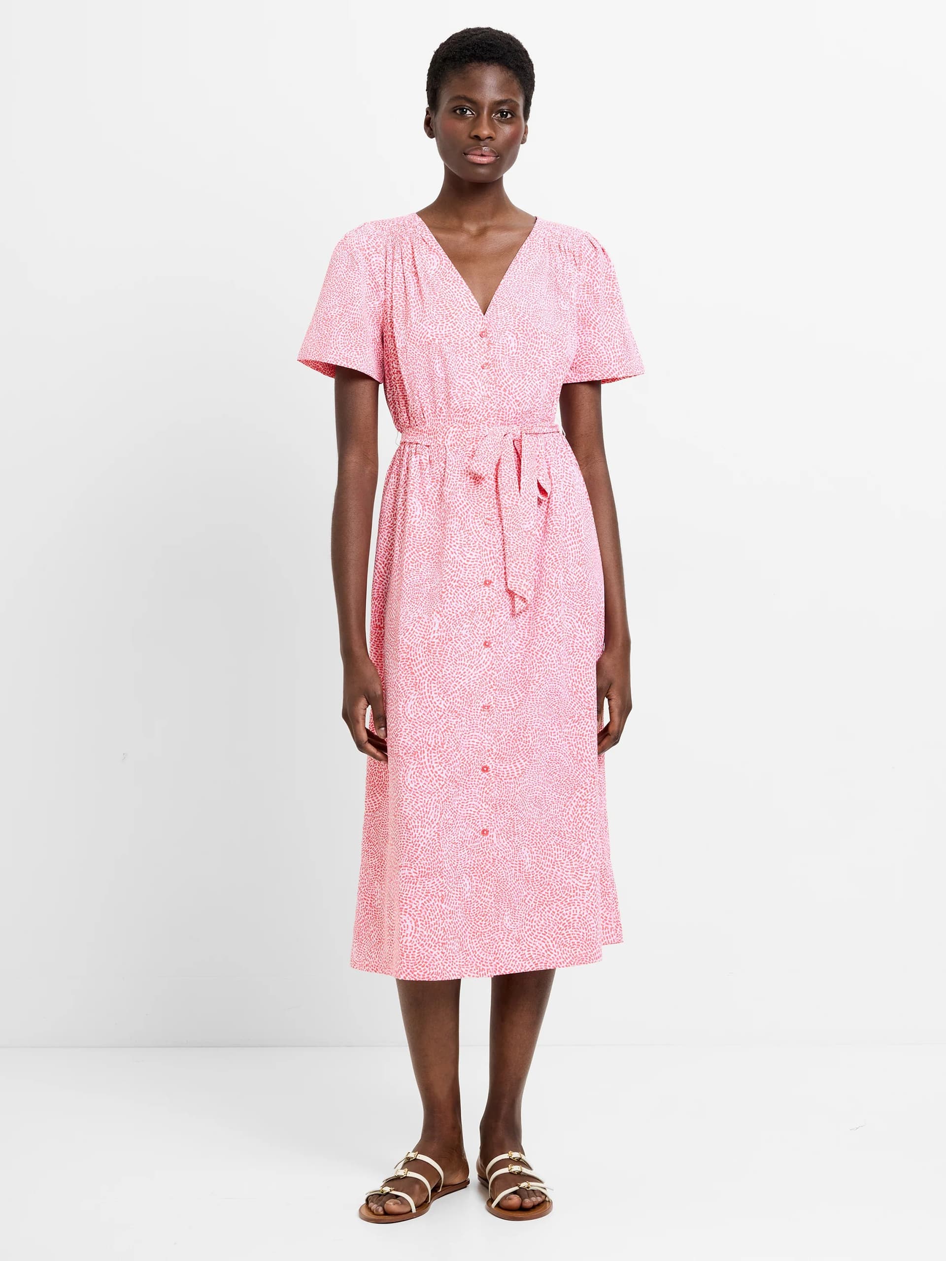 French Connection Bernice V-Neck Button-Through Midi Dress Raspberry Red/Bubblegum Pink/White