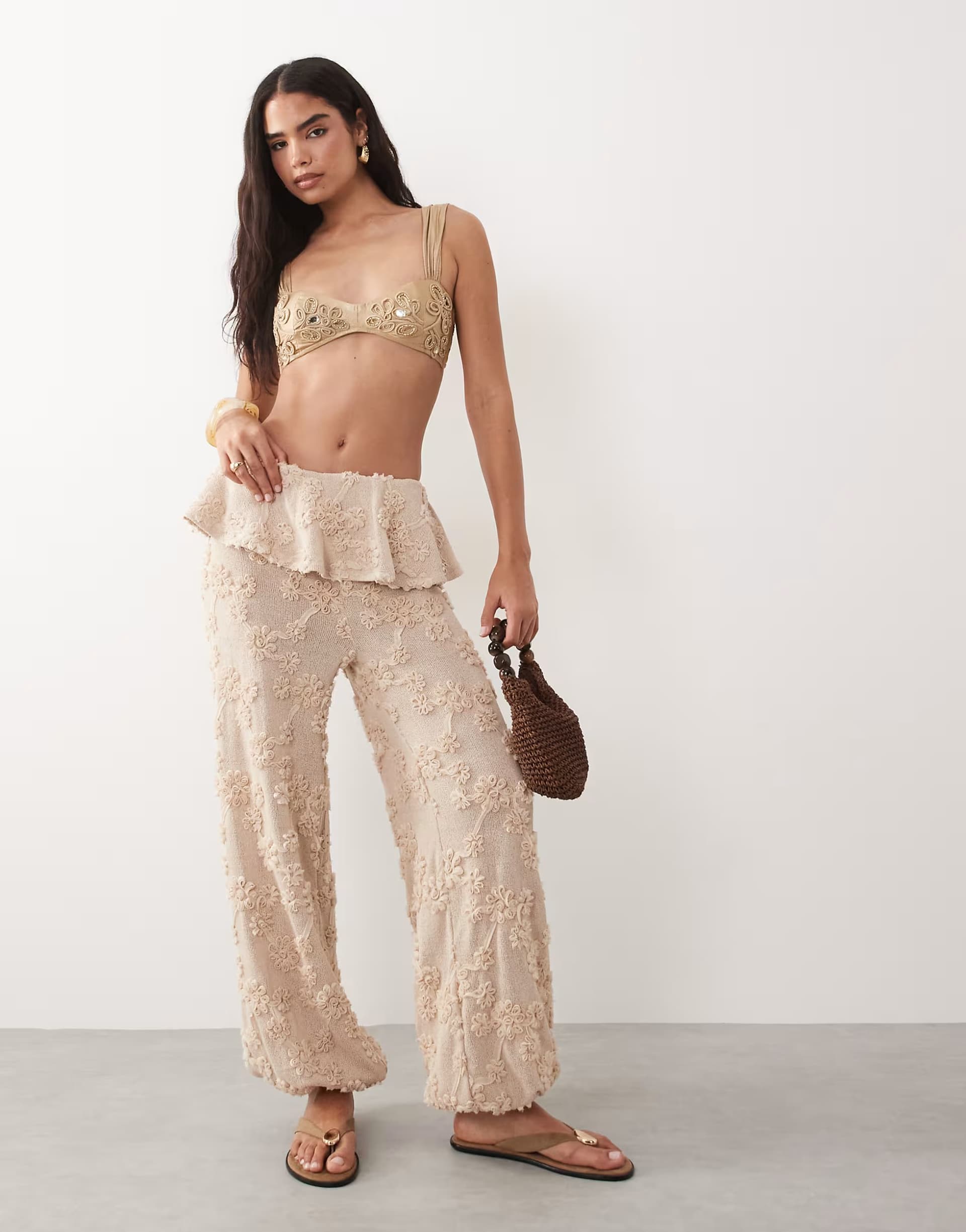 ASOS ASOS LUXE trouser with skirt overlayer in floral texture in camel
