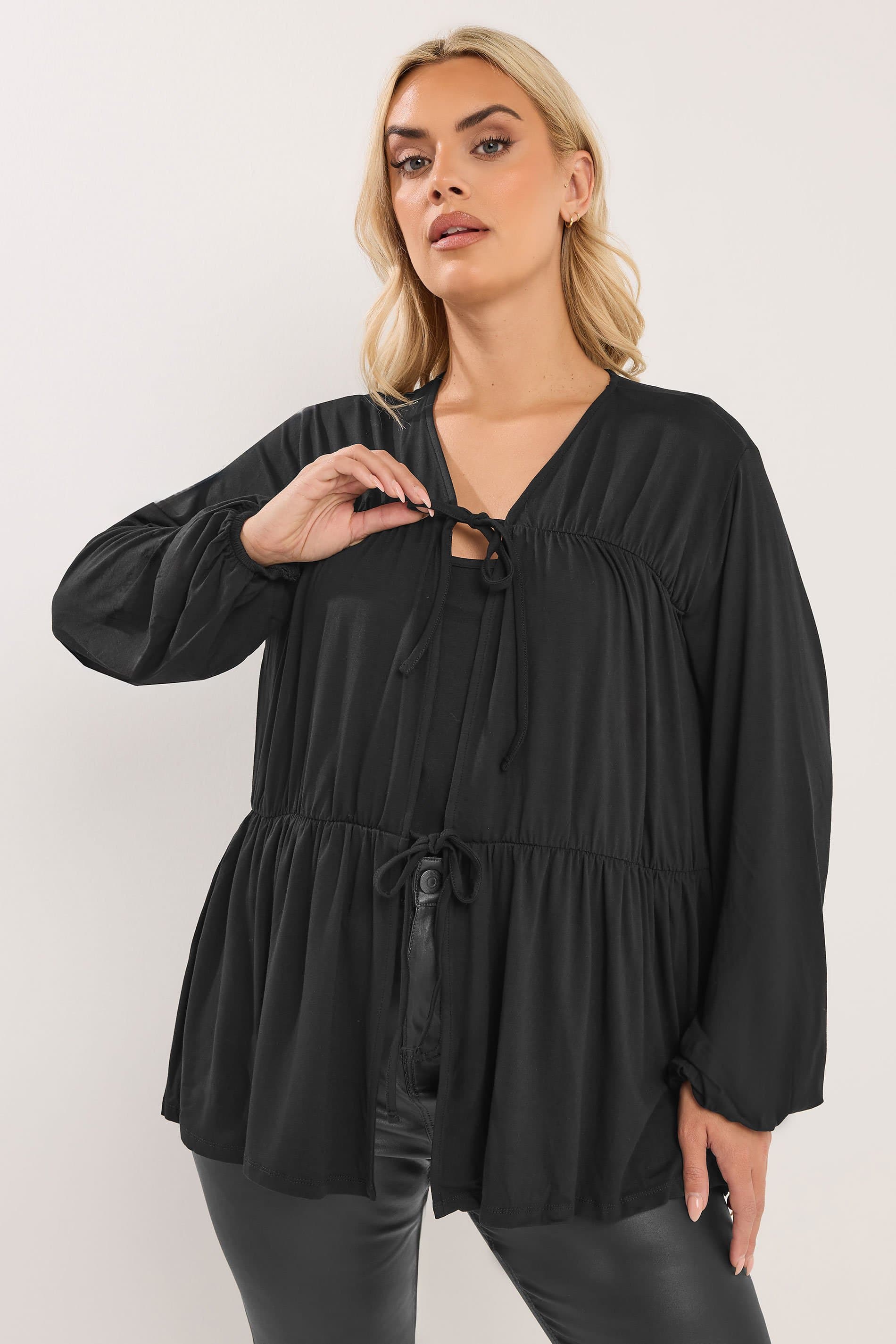 Yours Plus Size Black Gathered Bow Tie Front Top