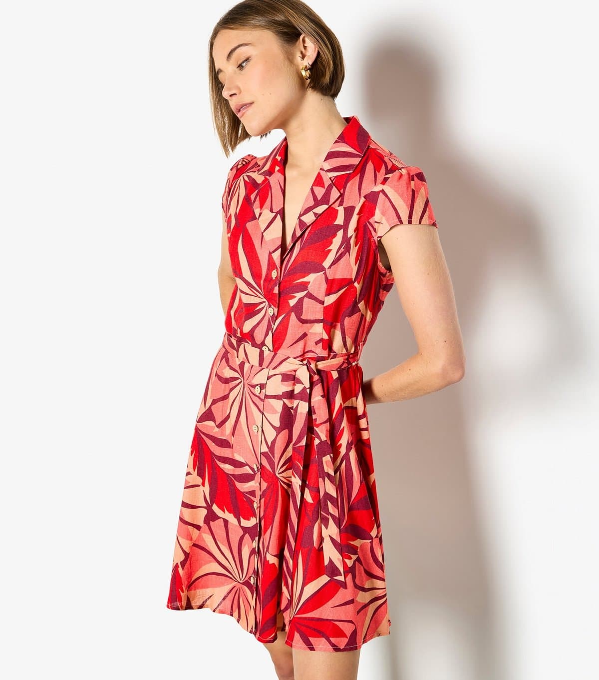 Apricot Women's Red Tropical Leaf Print Mini Shirt Dress Apricot New Look