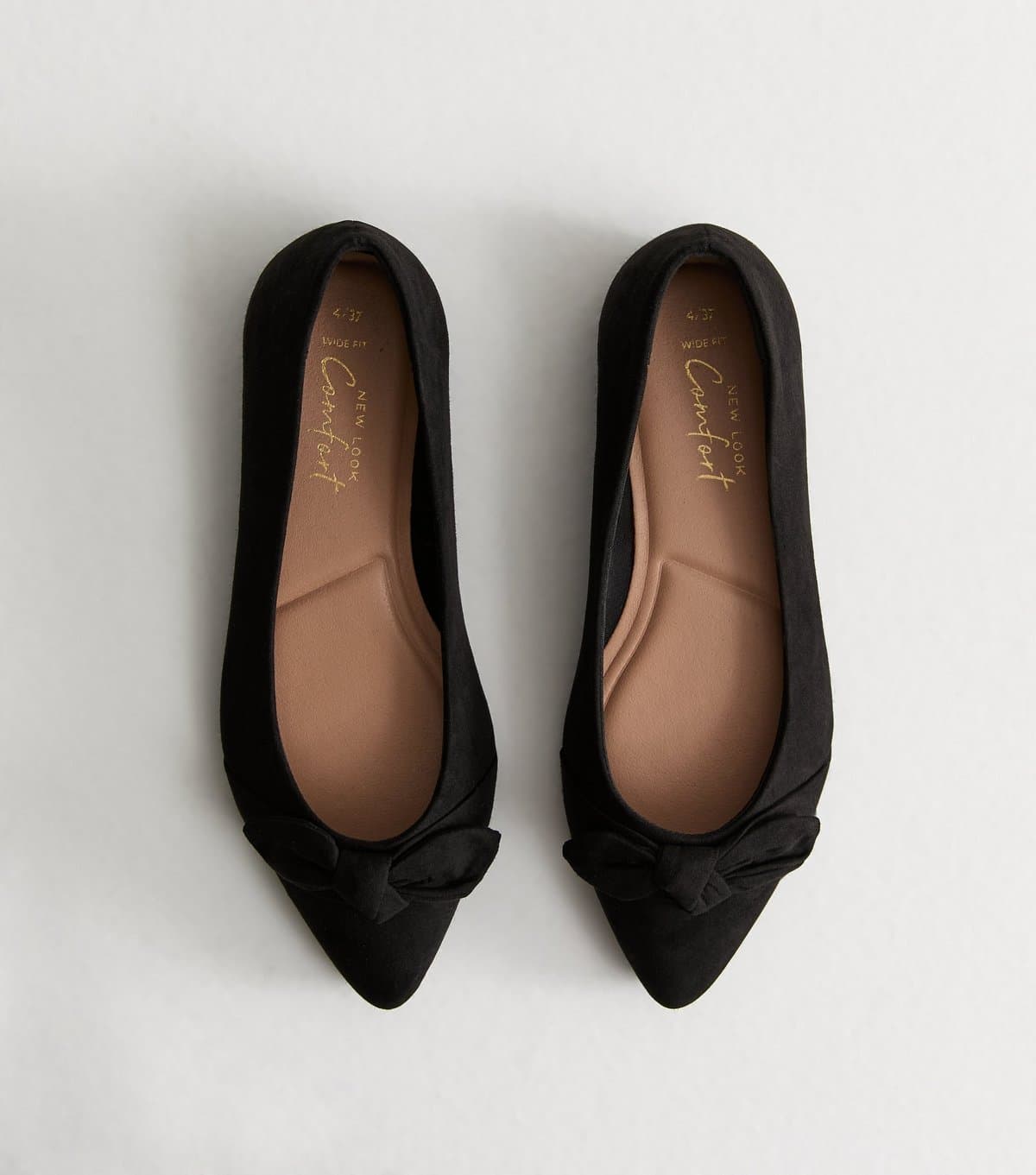 New Look Women's Wide Fit Black Suedette Bow Trim Ballet Flats Vegan New Look