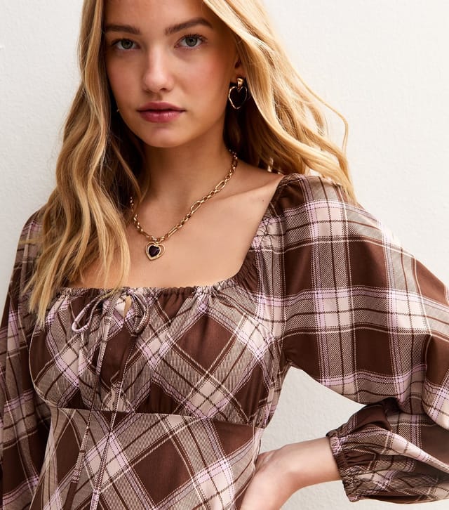 New Look Women's Brown Checked Print Long Sleeve Mini Dress New Look - 2