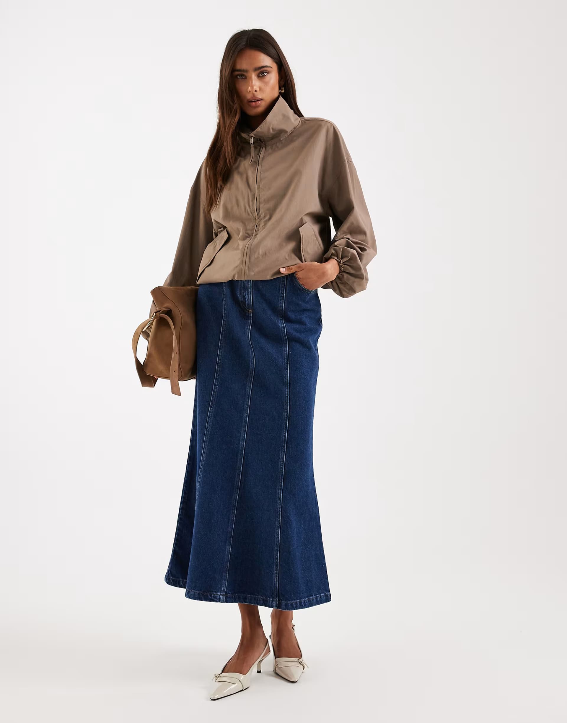 ASOS 4th & Reckless structured panel denim maxi skirt in dark wash